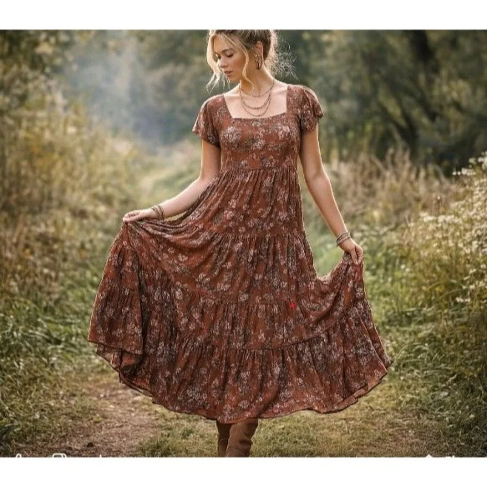Natural Life Brown Floral Tiered Granola Soft Girl Square Neck Cottage Dress L - Picture 1 of 14